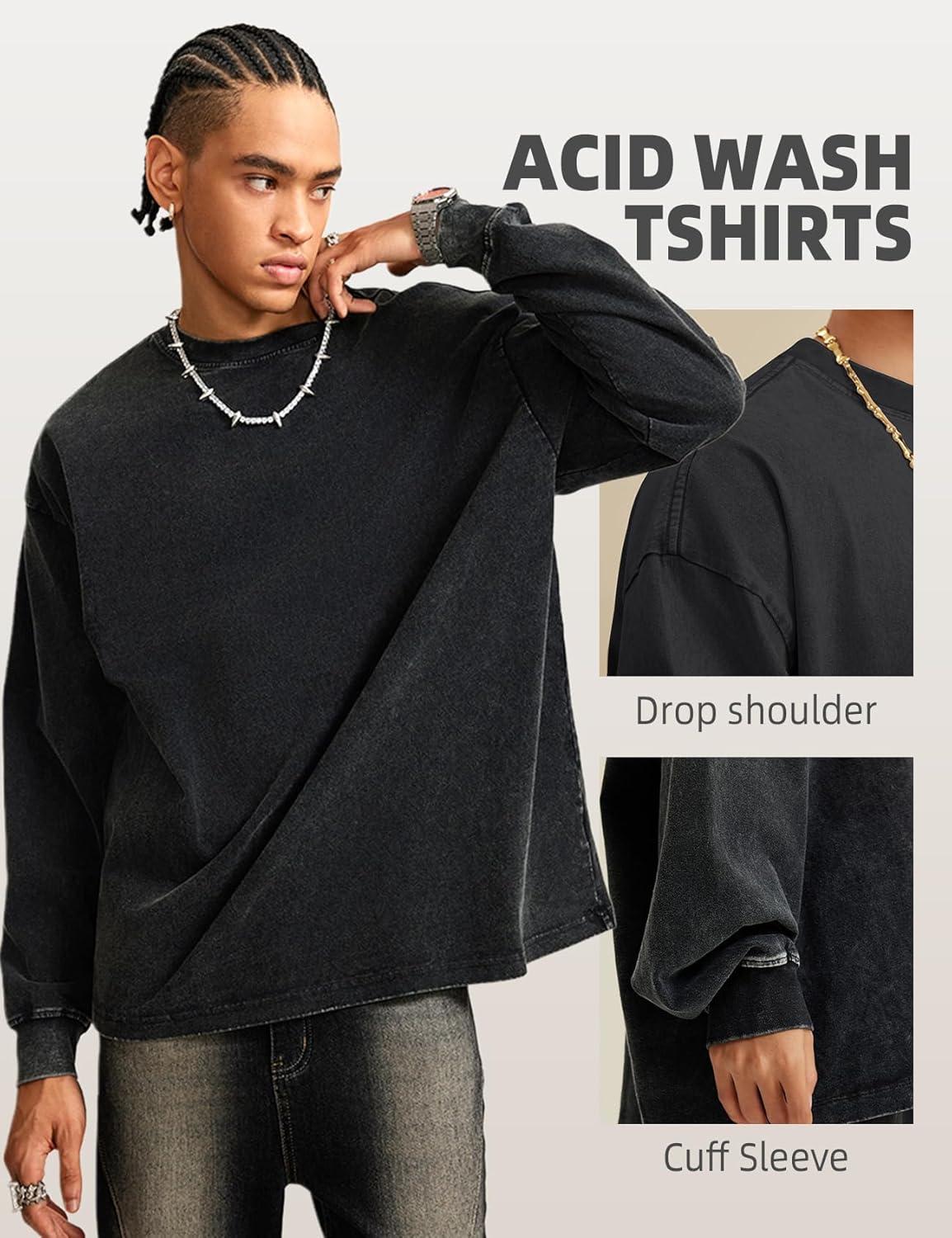 image:imageArssm Mens Oversized TShirts Cotton Long Sleeve Tshirts Vintage Acid Wash Baggy TeesBlackkhakibeige