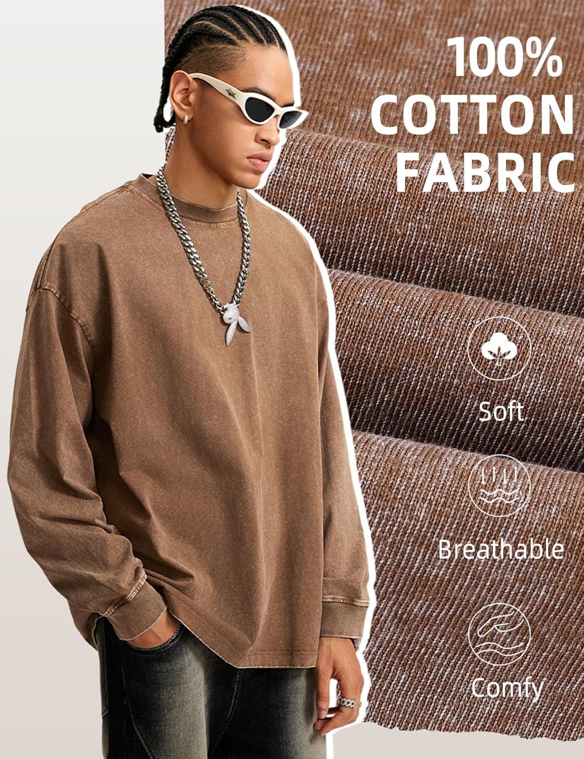 image:imageArssm Mens Oversized TShirts Cotton Long Sleeve Tshirts Vintage Acid Wash Baggy TeesBlackkhakibeige