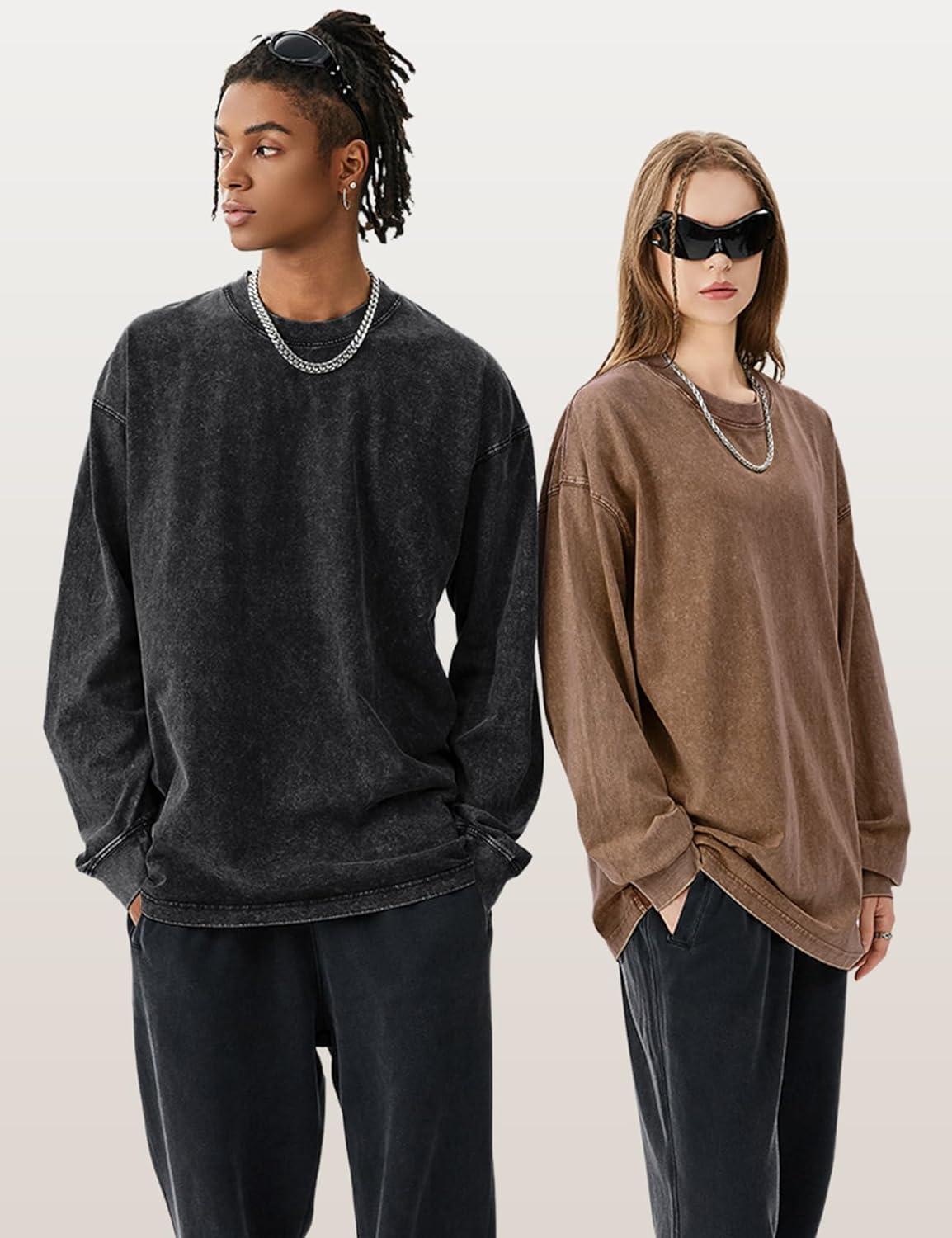 image:imageArssm Mens Oversized TShirts Cotton Long Sleeve Tshirts Vintage Acid Wash Baggy TeesBlackkhakibeige