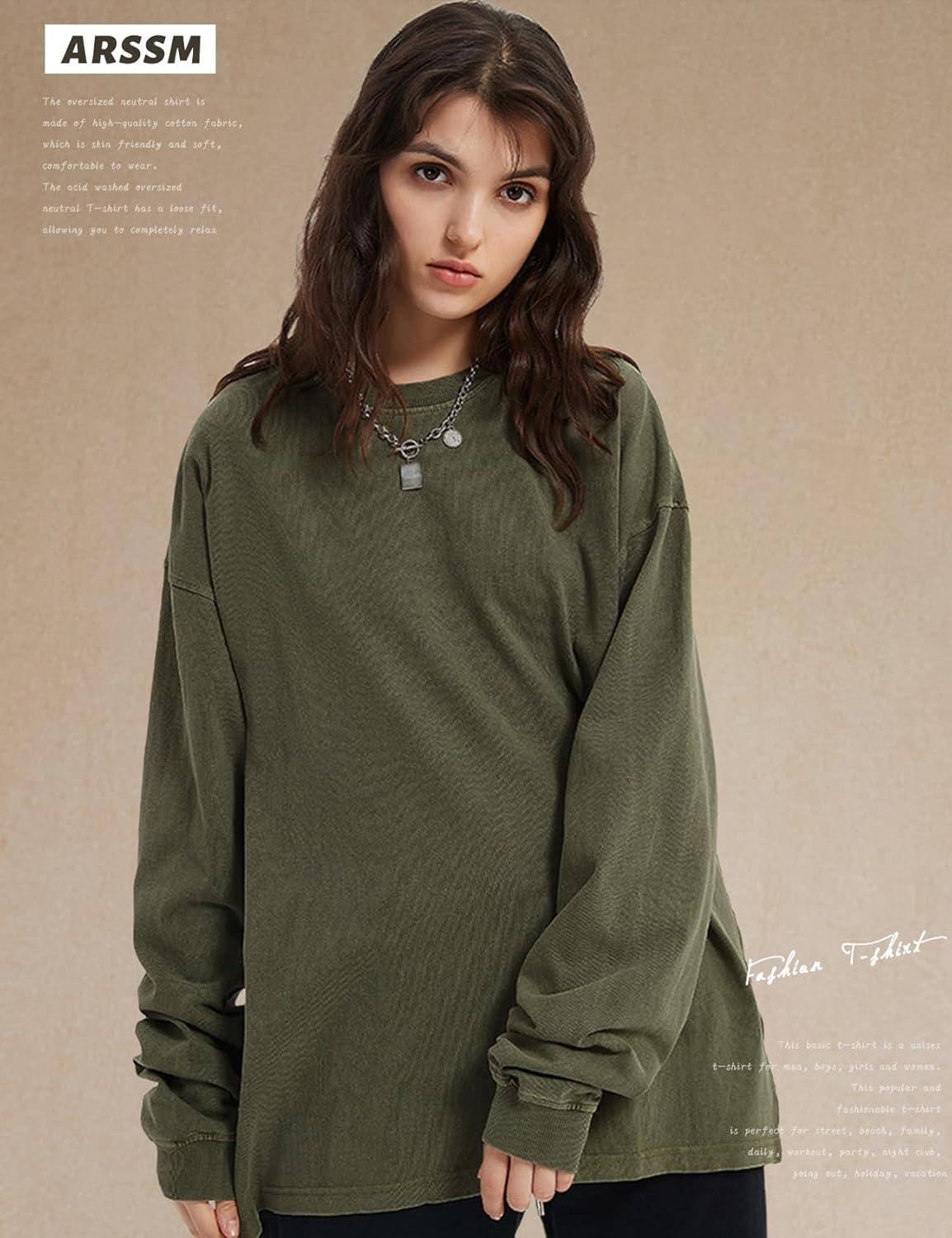 image:imageArssm Oversized TShirts for Women Cotton Long Sleeve Vintage Acid Wash Baggy T ShirtsBlackbeigearmy