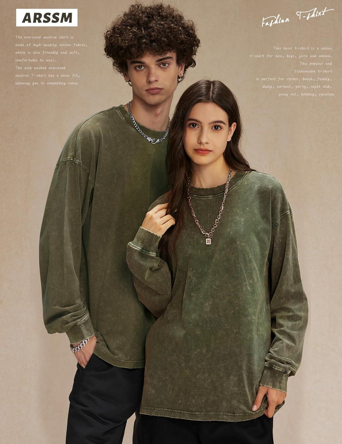 image:imageArssm Oversized TShirts for Women Cotton Long Sleeve Vintage Acid Wash Baggy T ShirtsBlackbeigearmy