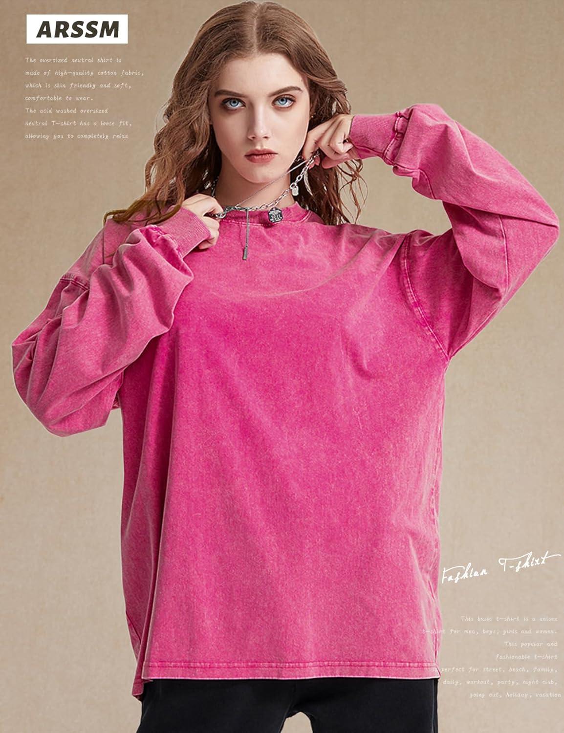 image:imageArssm Oversized TShirts for Women Cotton Long Sleeve Vintage Acid Wash Baggy T ShirtsBlackbeigepink