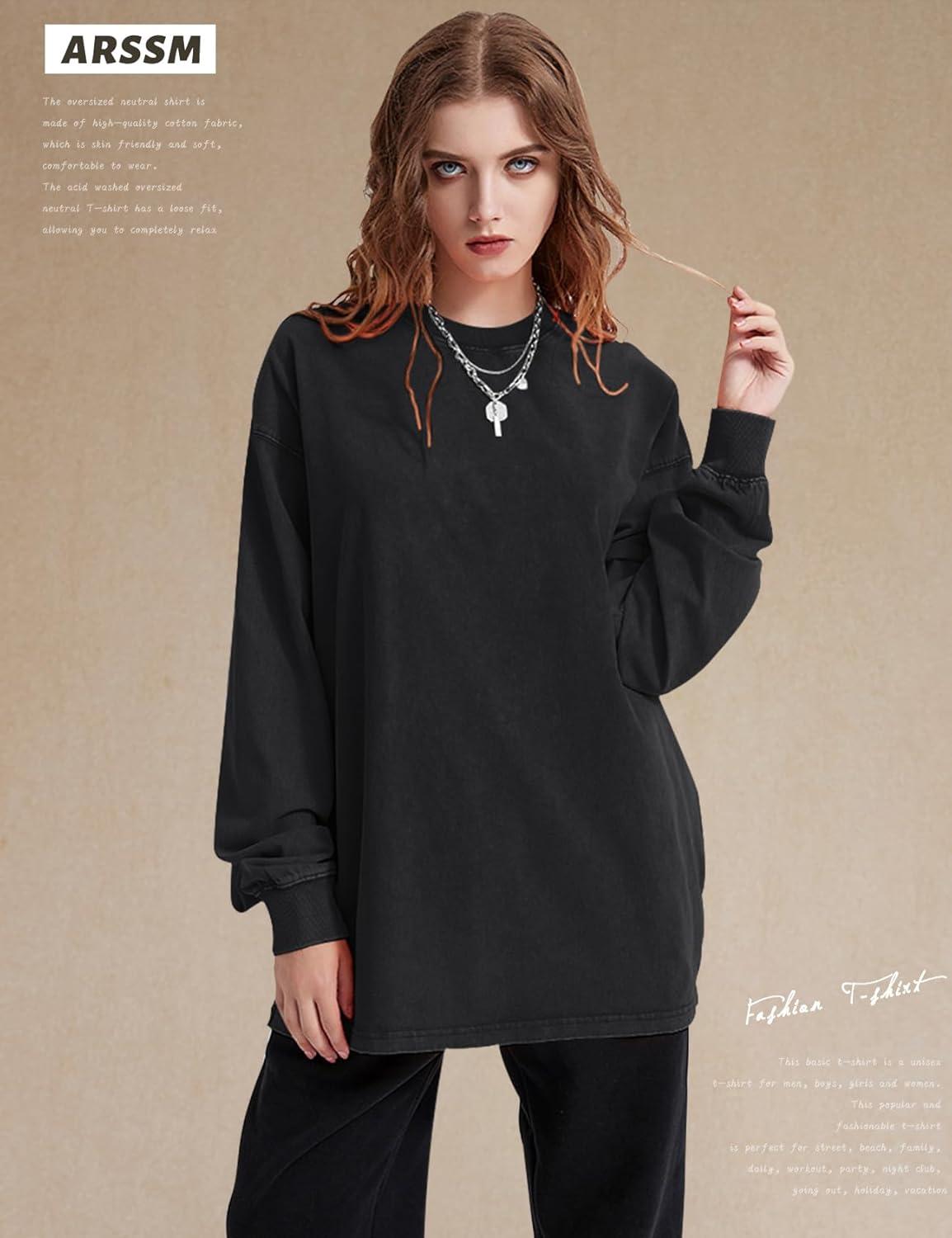 image:imageArssm Oversized TShirts for Women Cotton Long Sleeve Vintage Acid Wash Baggy T ShirtsBlackbeigepink