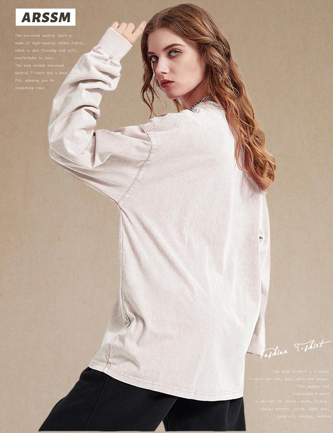 image:imageArssm Oversized TShirts for Women Cotton Long Sleeve Vintage Acid Wash Baggy T ShirtsBlackbeigepink
