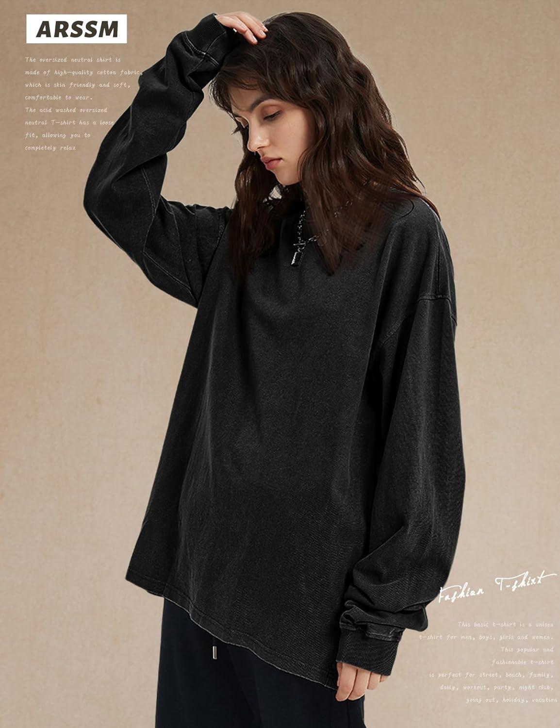 image:imageArssm Oversized TShirts for Women Cotton Long Sleeve Vintage Acid Wash Baggy T ShirtsBlackgreyarmy