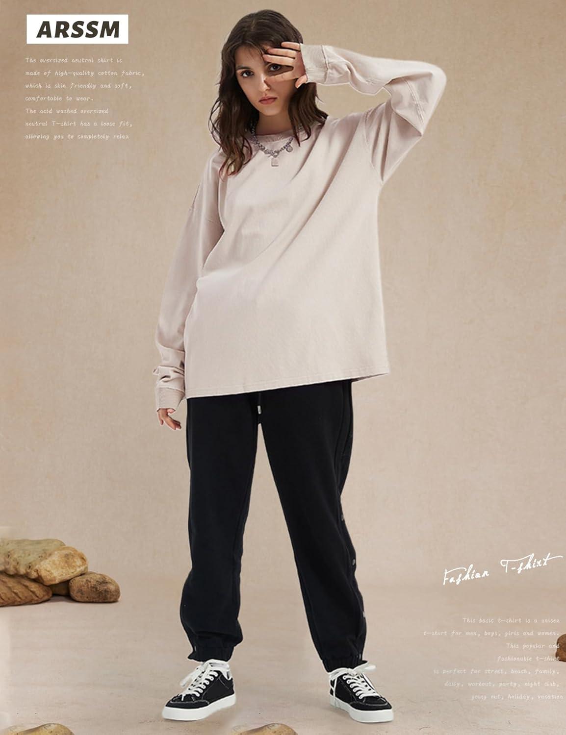 image:imageArssm Oversized TShirts for Women Cotton Long Sleeve Vintage Acid Wash Baggy T ShirtsBlackgreybeige