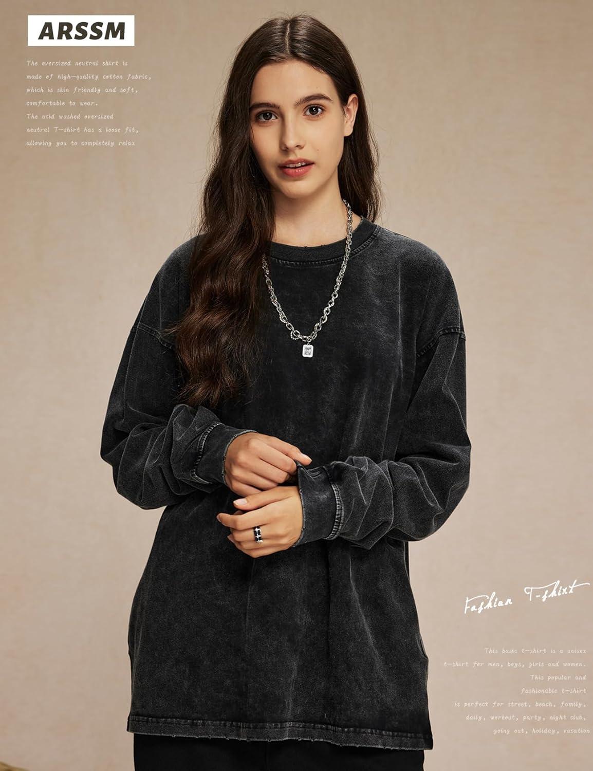 image:imageArssm Oversized TShirts for Women Cotton Long Sleeve Vintage Acid Wash Baggy T ShirtsBlackgreybeige