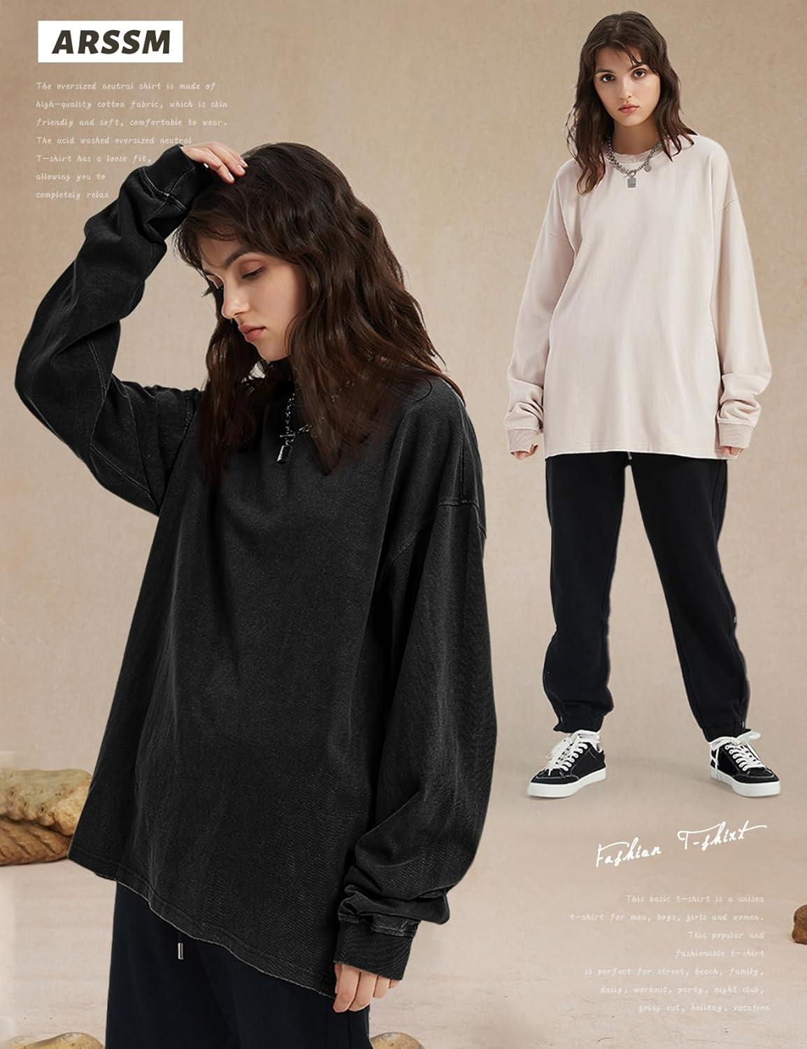 image:imageArssm Oversized TShirts for Women Cotton Long Sleeve Vintage Acid Wash Baggy T ShirtsBlackgreybeige