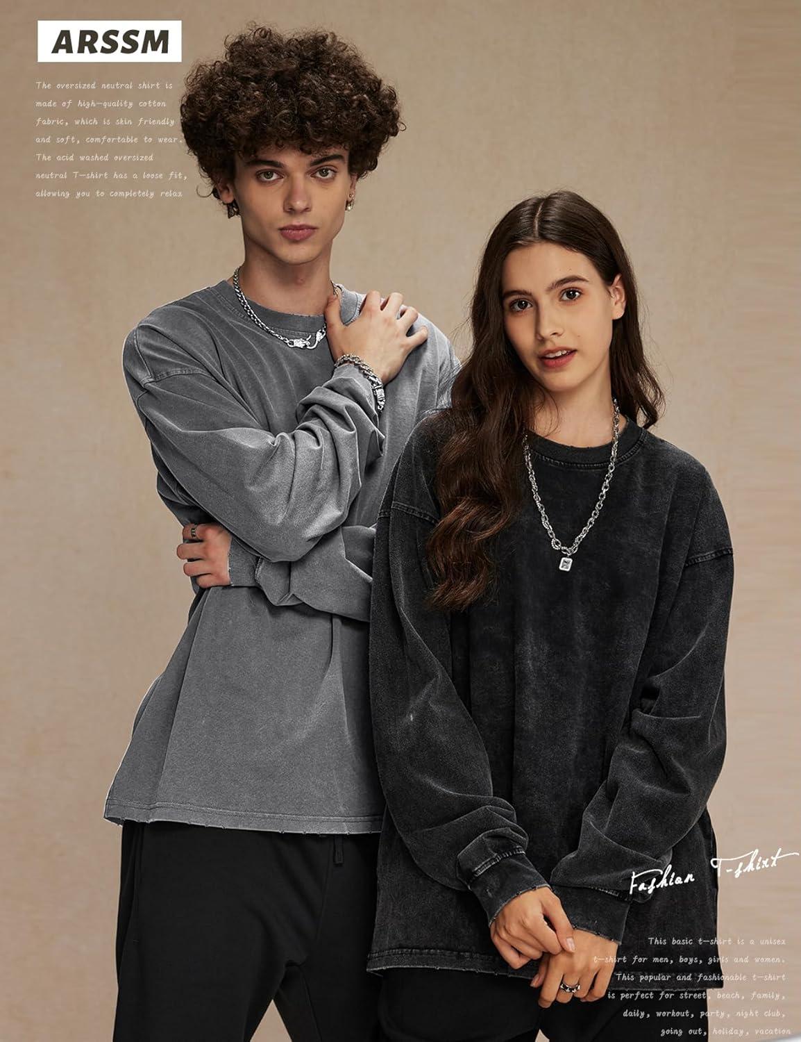 image:imageArssm Oversized TShirts for Women Cotton Long Sleeve Vintage Acid Wash Baggy T ShirtsBlackgreybeige