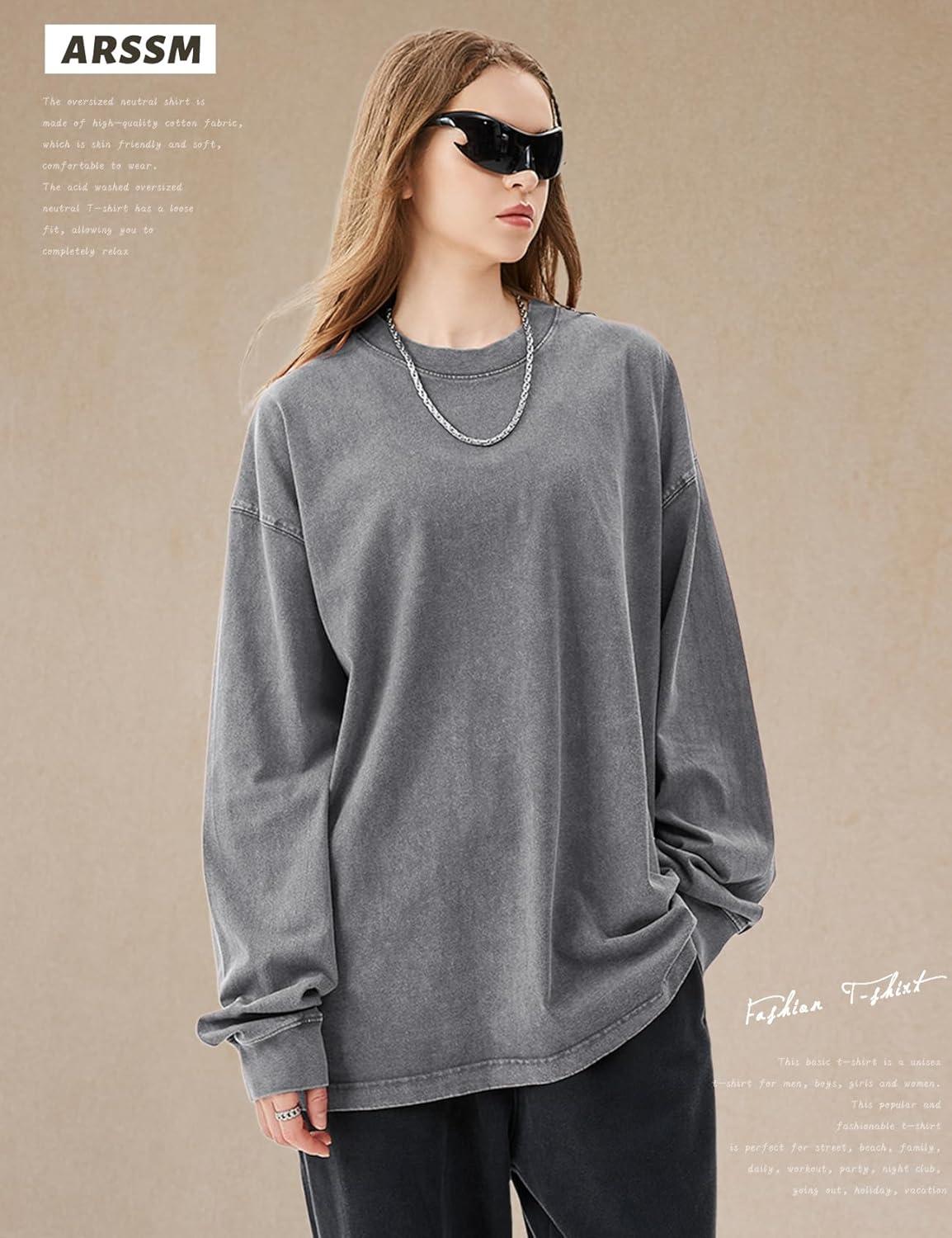 image:imageArssm Oversized TShirts for Women Cotton Long Sleeve Vintage Acid Wash Baggy T ShirtsBlackgreybeige