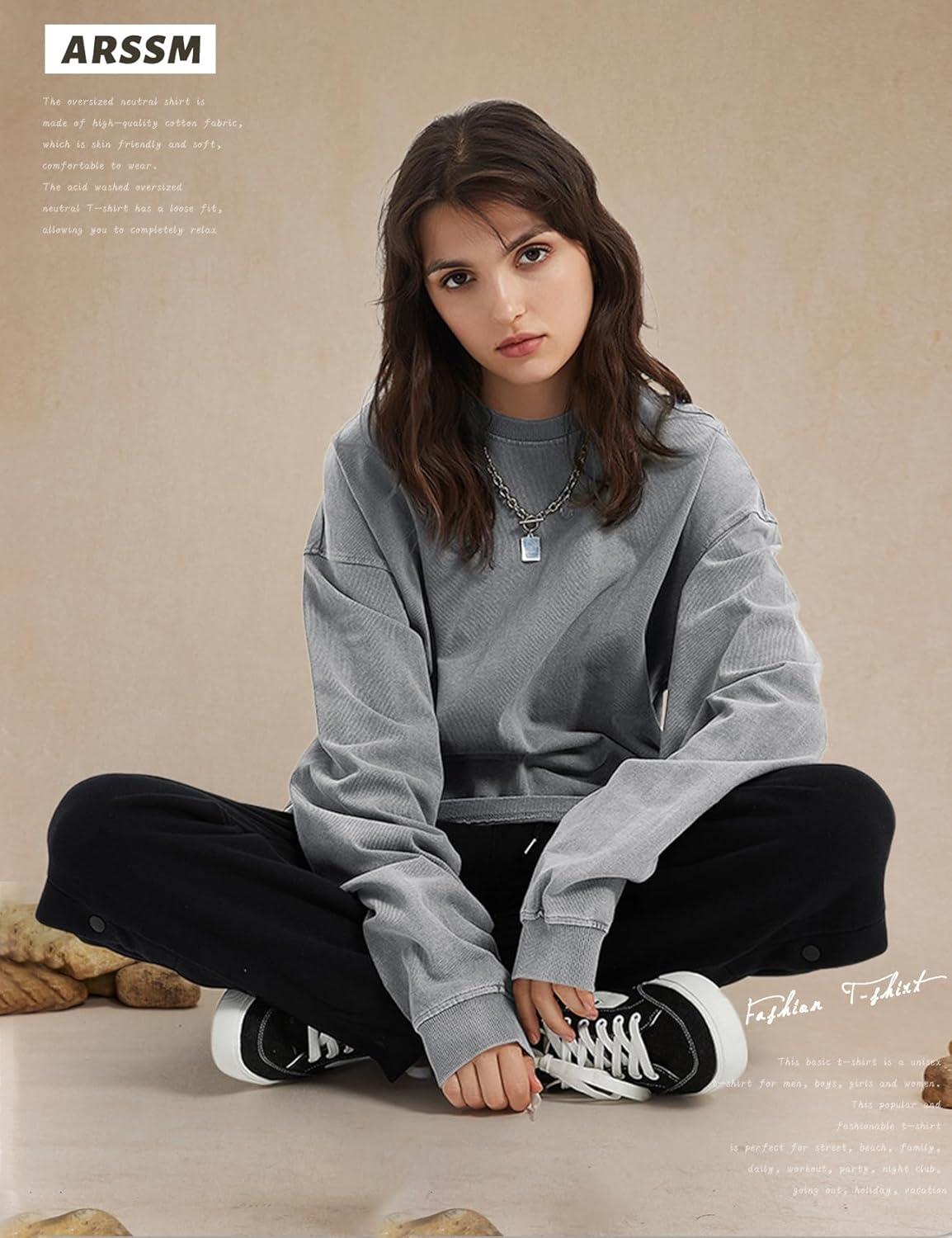 image:imageArssm Oversized TShirts for Women Cotton Long Sleeve Vintage Acid Wash Baggy T ShirtsBlackgreykhaki