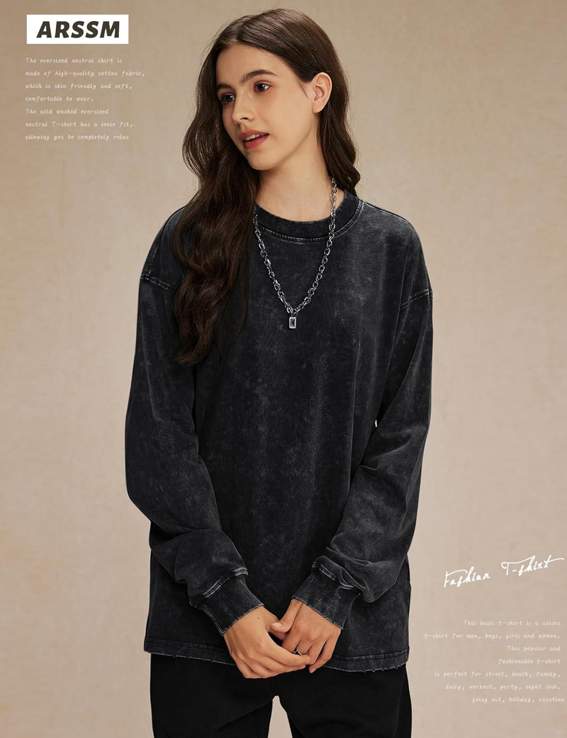 image:imageArssm Oversized TShirts for Women Cotton Long Sleeve Vintage Acid Wash Baggy T ShirtsBlackgreykhaki