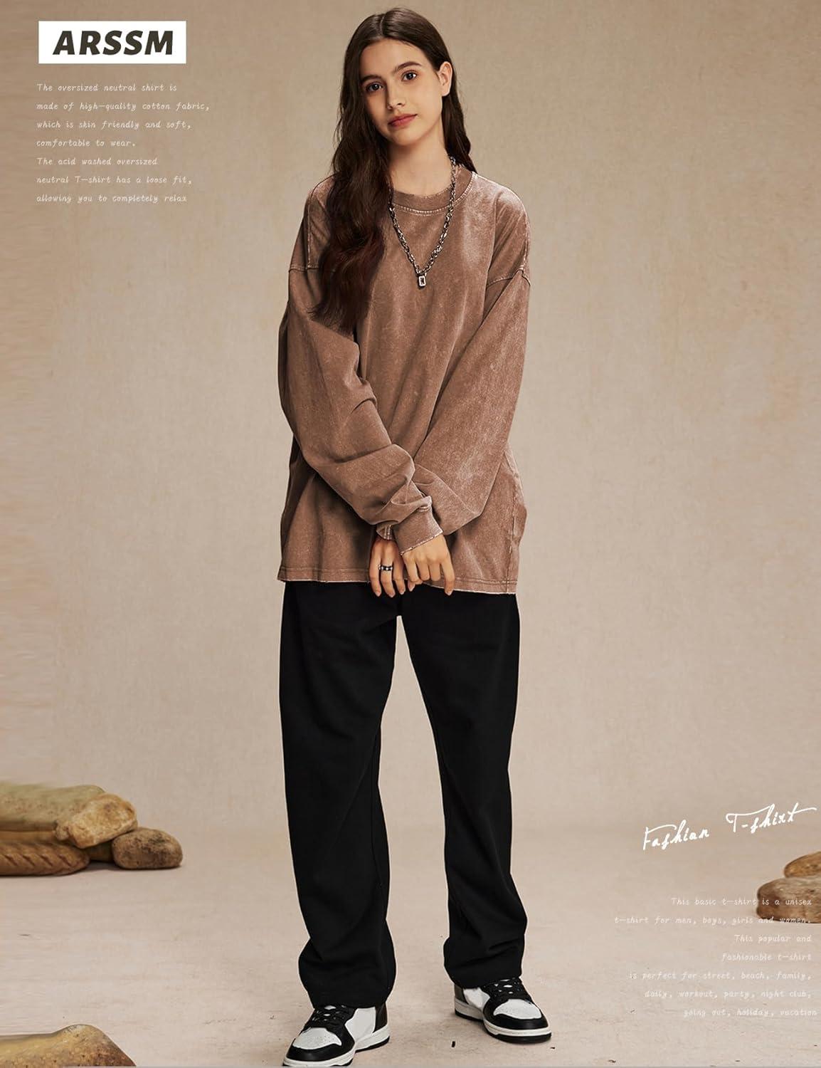image:imageArssm Oversized TShirts for Women Cotton Long Sleeve Vintage Acid Wash Baggy T ShirtsBlackgreykhaki