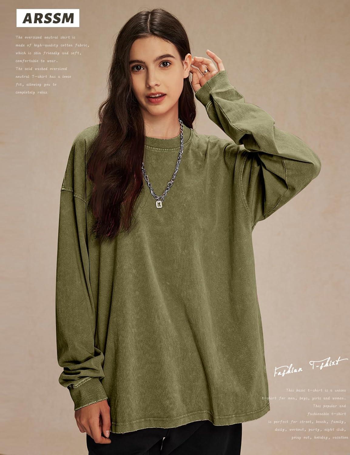image:imageArssm Oversized TShirts for Women Cotton Long Sleeve Vintage Acid Wash Baggy T ShirtsBlackkhakiarmy