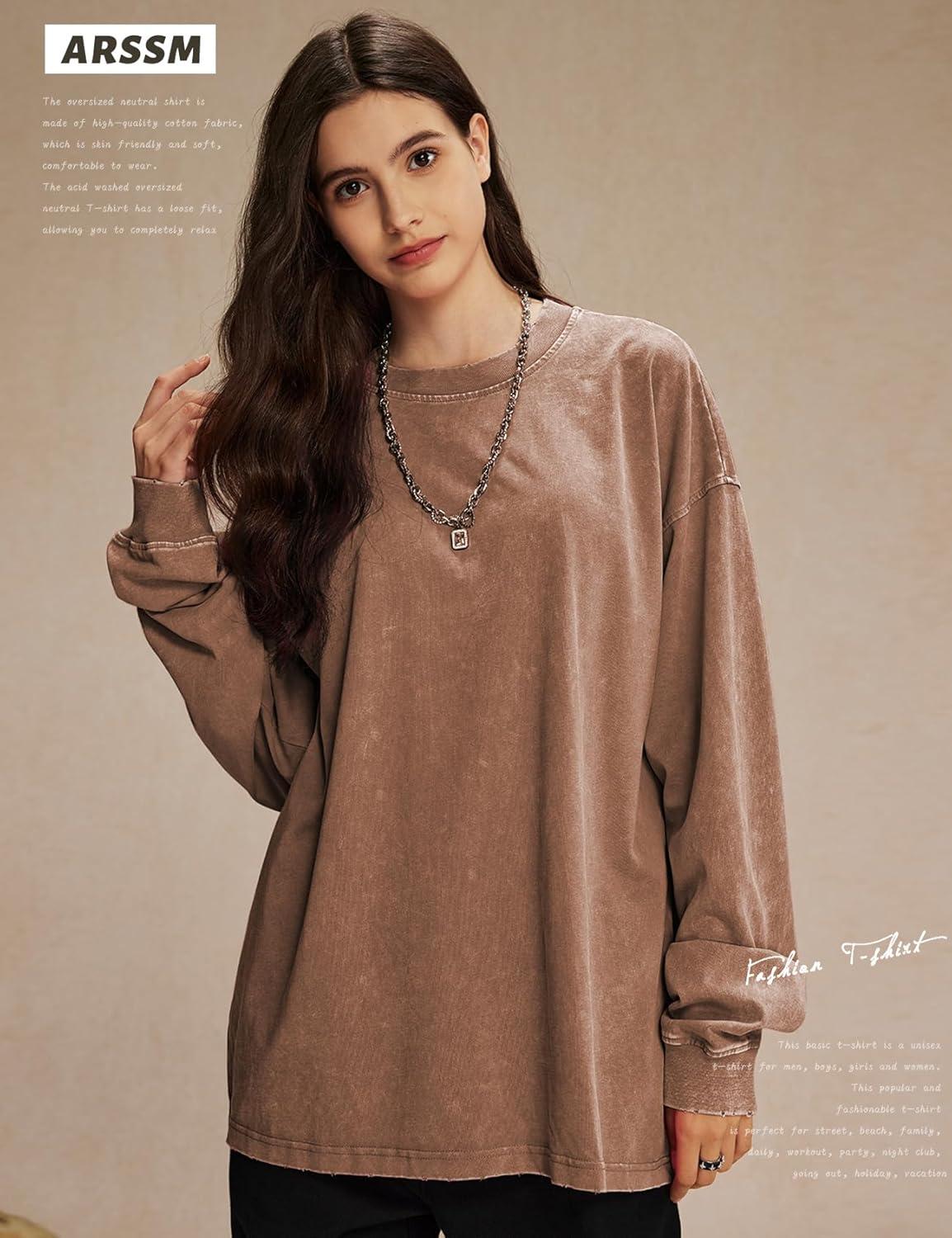 image:imageArssm Oversized TShirts for Women Cotton Long Sleeve Vintage Acid Wash Baggy T ShirtsBlackkhakiarmy