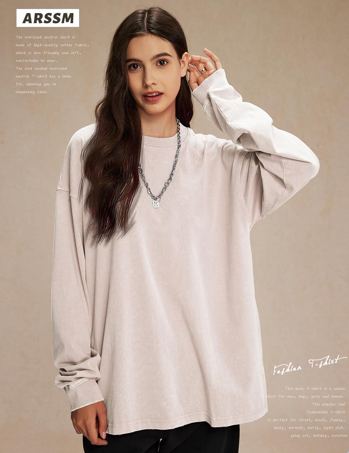 image:imageArssm Oversized TShirts for Women Cotton Long Sleeve Vintage Acid Wash Baggy T ShirtsBlackkhakibeige