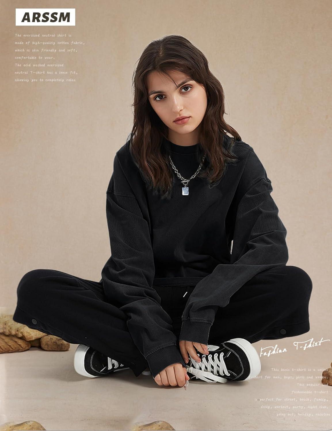 image:imageArssm Oversized TShirts for Women Cotton Long Sleeve Vintage Acid Wash Baggy T ShirtsBlackkhakibeige