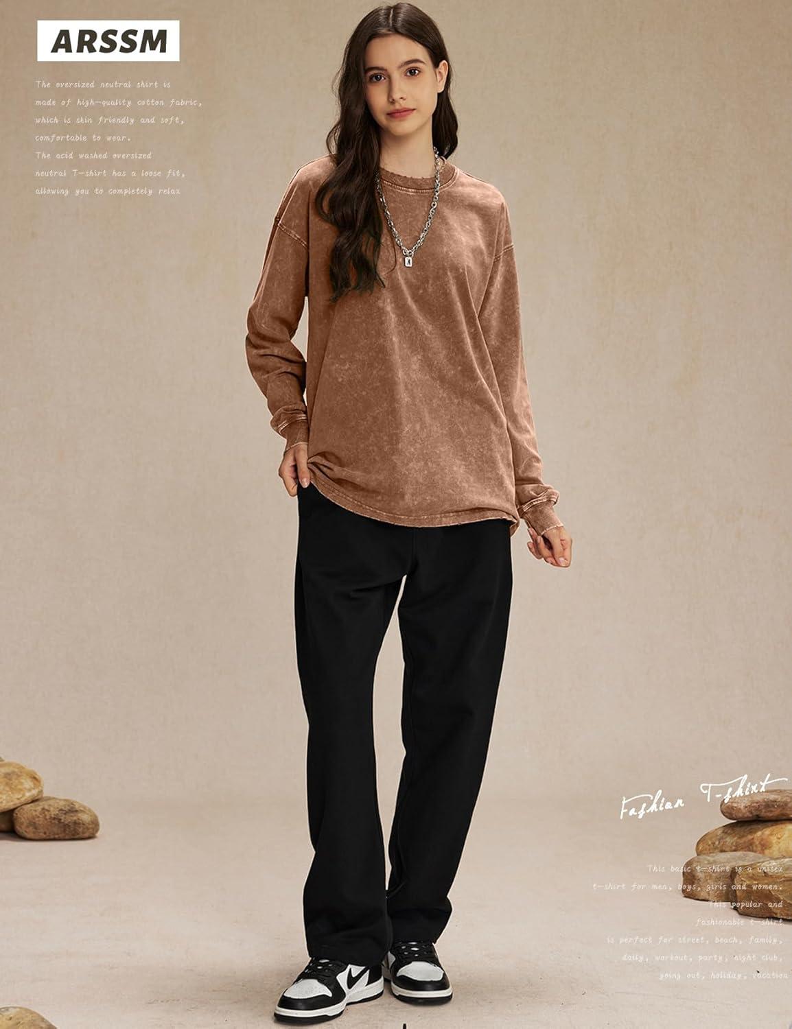 image:imageArssm Oversized TShirts for Women Cotton Long Sleeve Vintage Acid Wash Baggy T ShirtsBlackkhakibeige