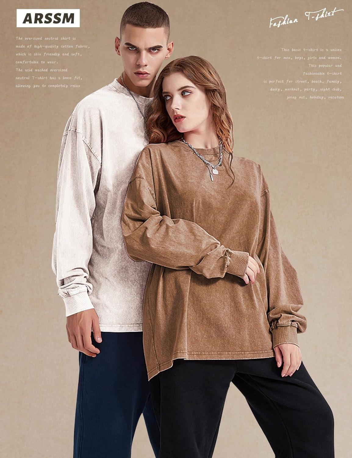 image:imageArssm Oversized TShirts for Women Cotton Long Sleeve Vintage Acid Wash Baggy T ShirtsBlackkhakibeige