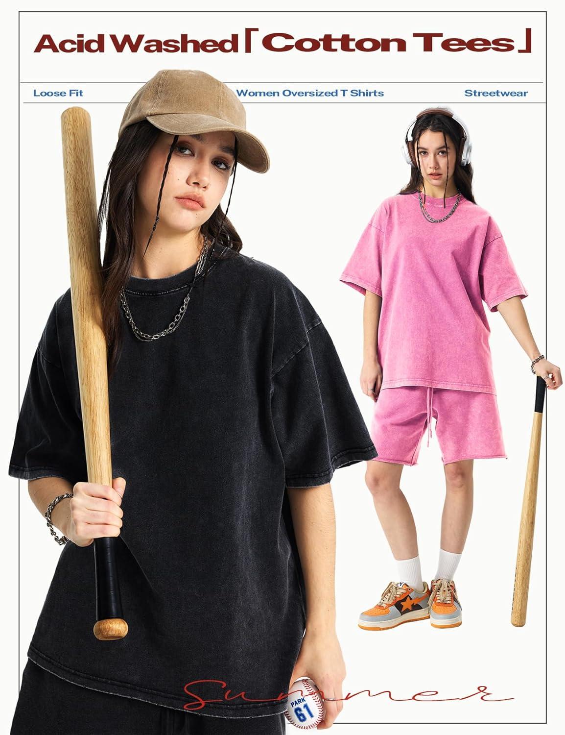 image:imageArssm Womens Oversized TShirts Cotton Acid Wash Boyfriend Tee Shirt Loose Fit Vintage TShirtsBlackpinkpurplebluebeige