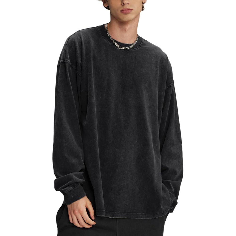 image:imageArssm Mens Oversized TShirts Cotton Long Sleeve Tshirts Vintage Acid Wash Baggy TeesBlack