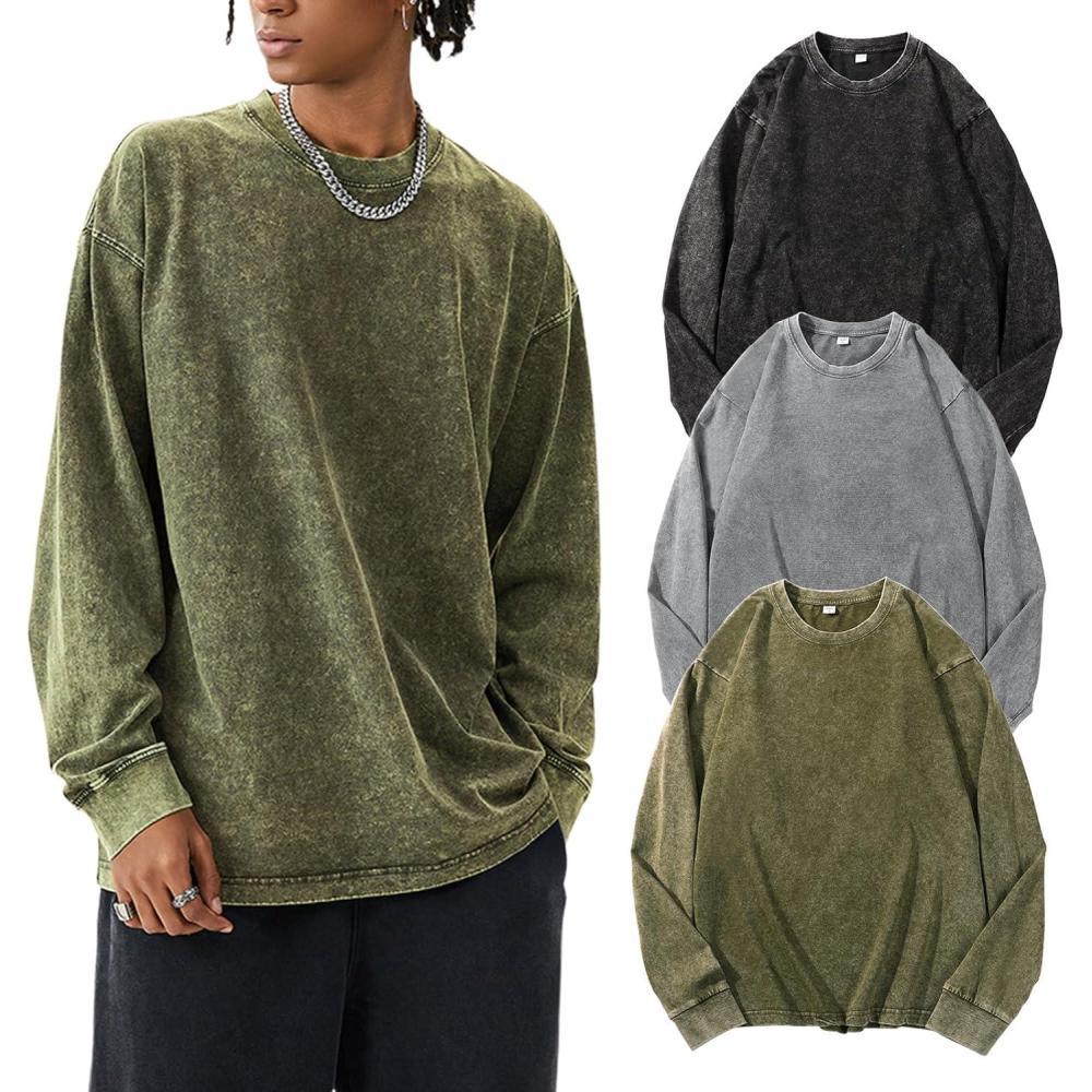 image:imageArssm Mens Oversized TShirts Cotton Long Sleeve Tshirts Vintage Acid Wash Baggy TeesBlackgreyarmy