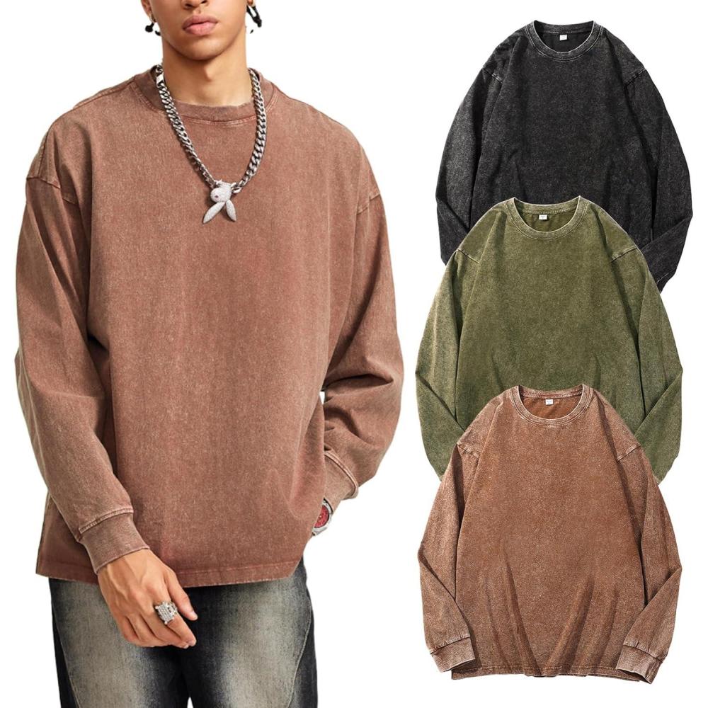 image:imageArssm Mens Oversized TShirts Cotton Long Sleeve Tshirts Vintage Acid Wash Baggy TeesBlackkhakiarmy