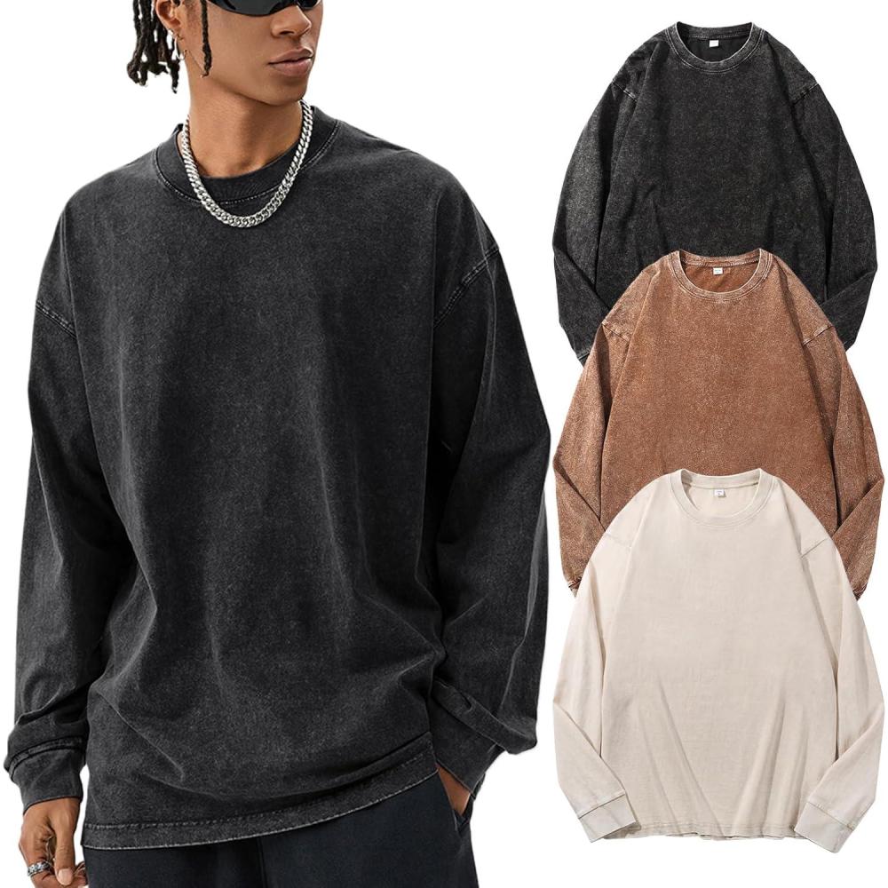 image:imageArssm Mens Oversized TShirts Cotton Long Sleeve Tshirts Vintage Acid Wash Baggy TeesBlackkhakibeige