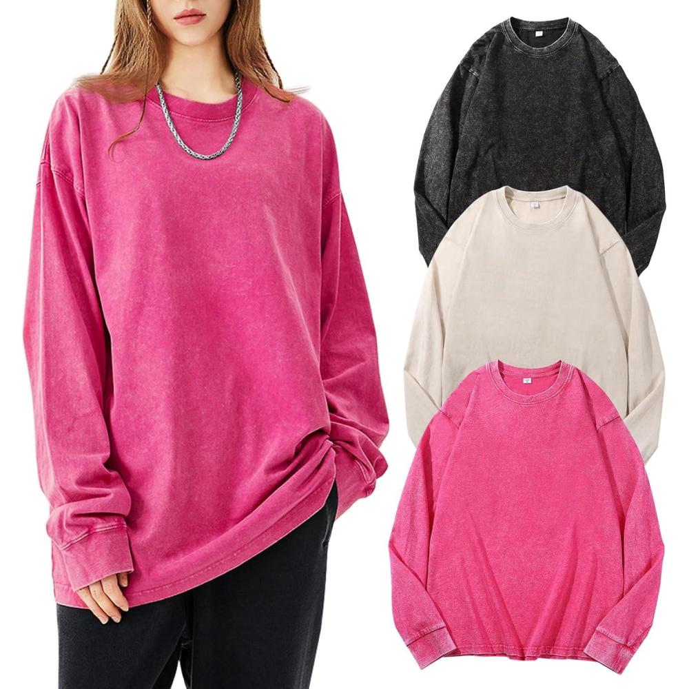image:imageArssm Oversized TShirts for Women Cotton Long Sleeve Vintage Acid Wash Baggy T ShirtsBlackbeigepink