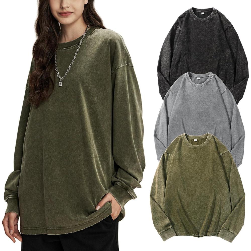 image:imageArssm Oversized TShirts for Women Cotton Long Sleeve Vintage Acid Wash Baggy T ShirtsBlackgreyarmy