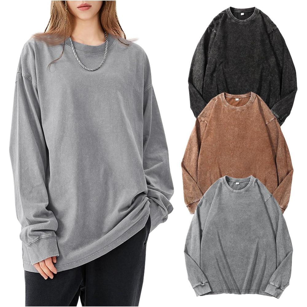 image:imageArssm Oversized TShirts for Women Cotton Long Sleeve Vintage Acid Wash Baggy T ShirtsBlackgreykhaki