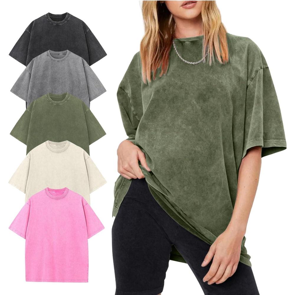 image:imageArssm Womens Oversized TShirts Cotton Acid Wash Boyfriend Tee Shirt Loose Fit Vintage TShirtsBlackgreybeigearmypink
