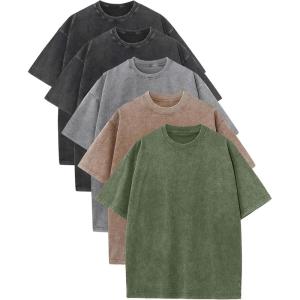 Arssm Mens Oversized T Shirts Cotton Acid Wash Baggy Tees Loose Fit Vintage Heavyweight T-Shirts(Black+black+grey+khaki+army)