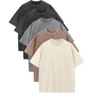 Arssm Mens Oversized T Shirts Cotton Acid Wash Baggy Tees Loose Fit Vintage Heavyweight T-Shirts(Black+black+grey+khaki+beige)