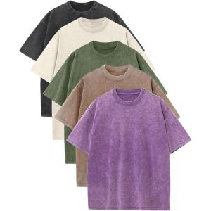 Arssm Mens Oversized T Shirts Cotton Acid Wash Baggy Tees Loose Fit Vintage Heavyweight T-Shirts(Black+khaki+beige+army+purple)