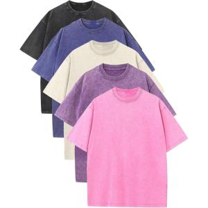 Arssm Mens Oversized T Shirts Cotton Acid Wash Baggy Tees Loose Fit Vintage Heavyweight T-Shirts(Black+pink+purple+blue+beige)