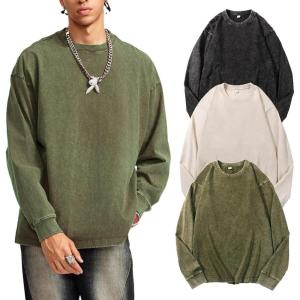 Arssm Mens Oversized T-Shirts Cotton Long Sleeve Tshirts Vintage Acid Wash Baggy Tees(Black+beige+army)