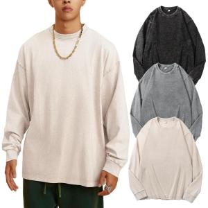 Arssm Mens Oversized T-Shirts Cotton Long Sleeve Tshirts Vintage Acid Wash Baggy Tees(Black+grey+beige)