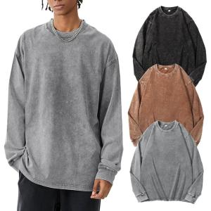 Arssm Mens Oversized T-Shirts Cotton Long Sleeve Tshirts Vintage Acid Wash Baggy Tees(Black+grey+khaki)