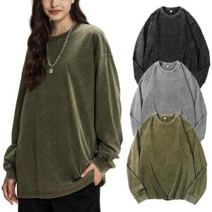 Arssm Oversized T-Shirts for Women Cotton Long Sleeve Vintage Acid Wash Baggy T Shirts(Black+grey+army)