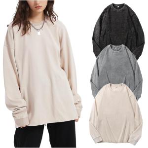 Arssm Oversized T-Shirts for Women Cotton Long Sleeve Vintage Acid Wash Baggy T Shirts(Black+grey+beige)