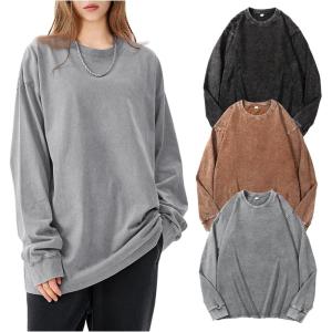 Arssm Oversized T-Shirts for Women Cotton Long Sleeve Vintage Acid Wash Baggy T Shirts(Black+grey+khaki)