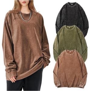 Arssm Oversized T-Shirts for Women Cotton Long Sleeve Vintage Acid Wash Baggy T Shirts(Black+khaki+army)