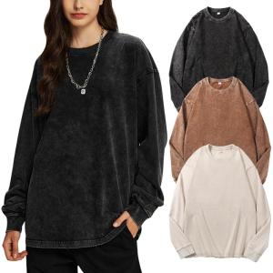 Arssm Oversized T-Shirts for Women Cotton Long Sleeve Vintage Acid Wash Baggy T Shirts(Black+khaki+beige)