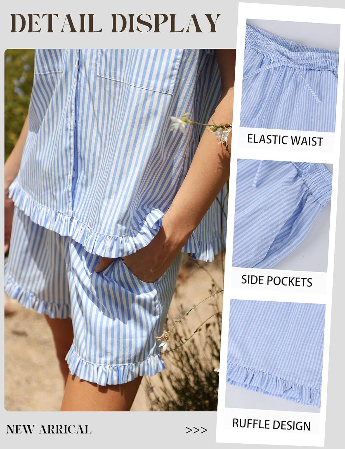 image:imageArssm Womens Striped Pajama Sets 2 Piece Cotton Pjs Sets Short Sleeve Button Down Shirts and Shorts SleepwearBlue