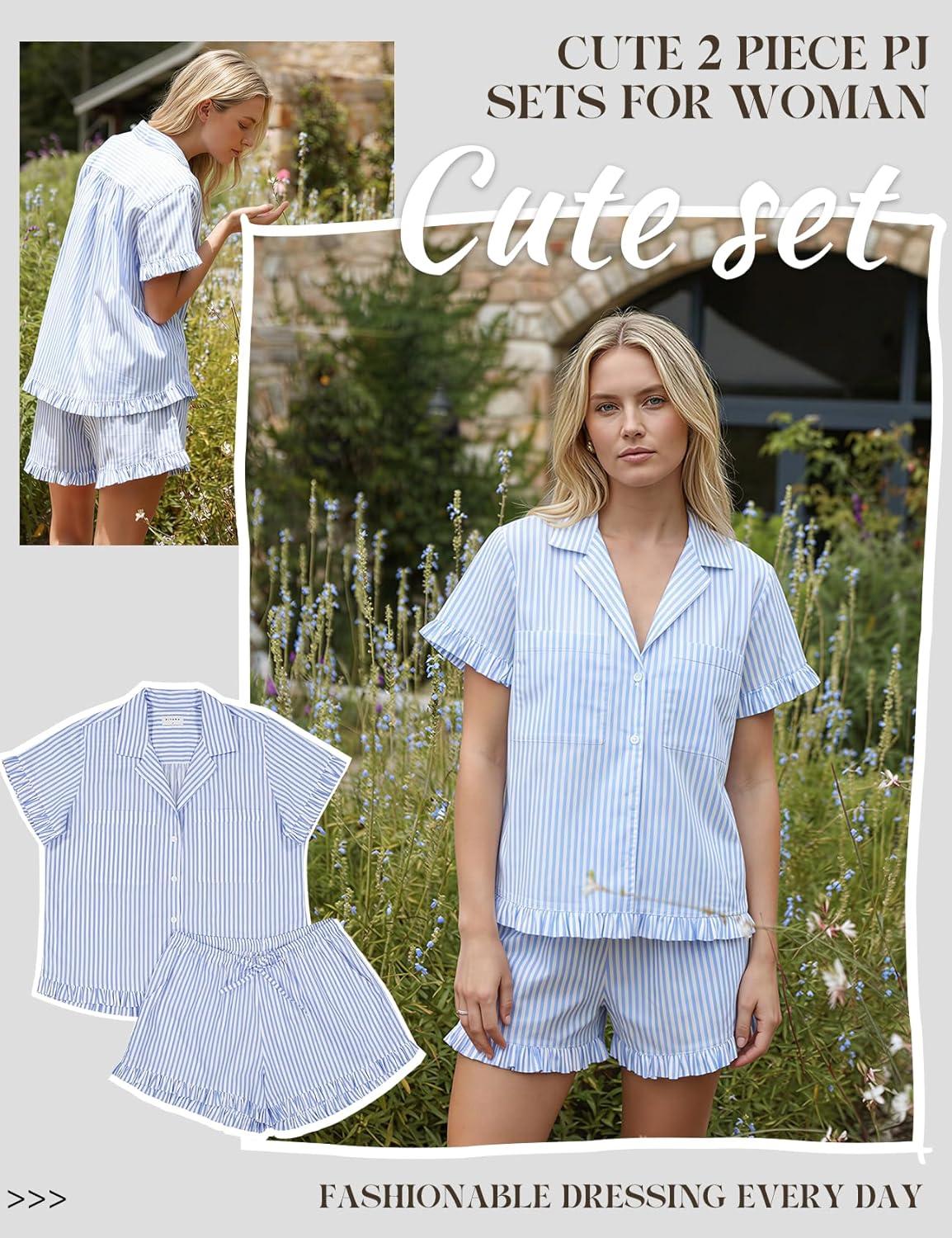 image:imageArssm Womens Striped Pajama Sets 2 Piece Cotton Pjs Sets Short Sleeve Button Down Shirts and Shorts SleepwearBlue