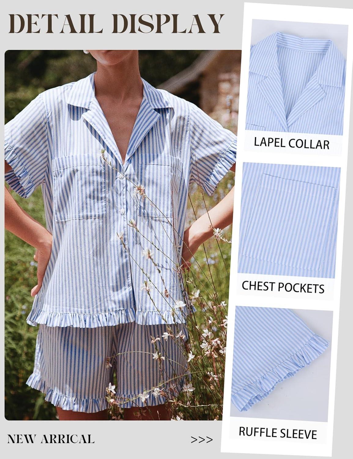 image:imageArssm Womens Striped Pajama Sets 2 Piece Cotton Pjs Sets Short Sleeve Button Down Shirts and Shorts SleepwearBlue