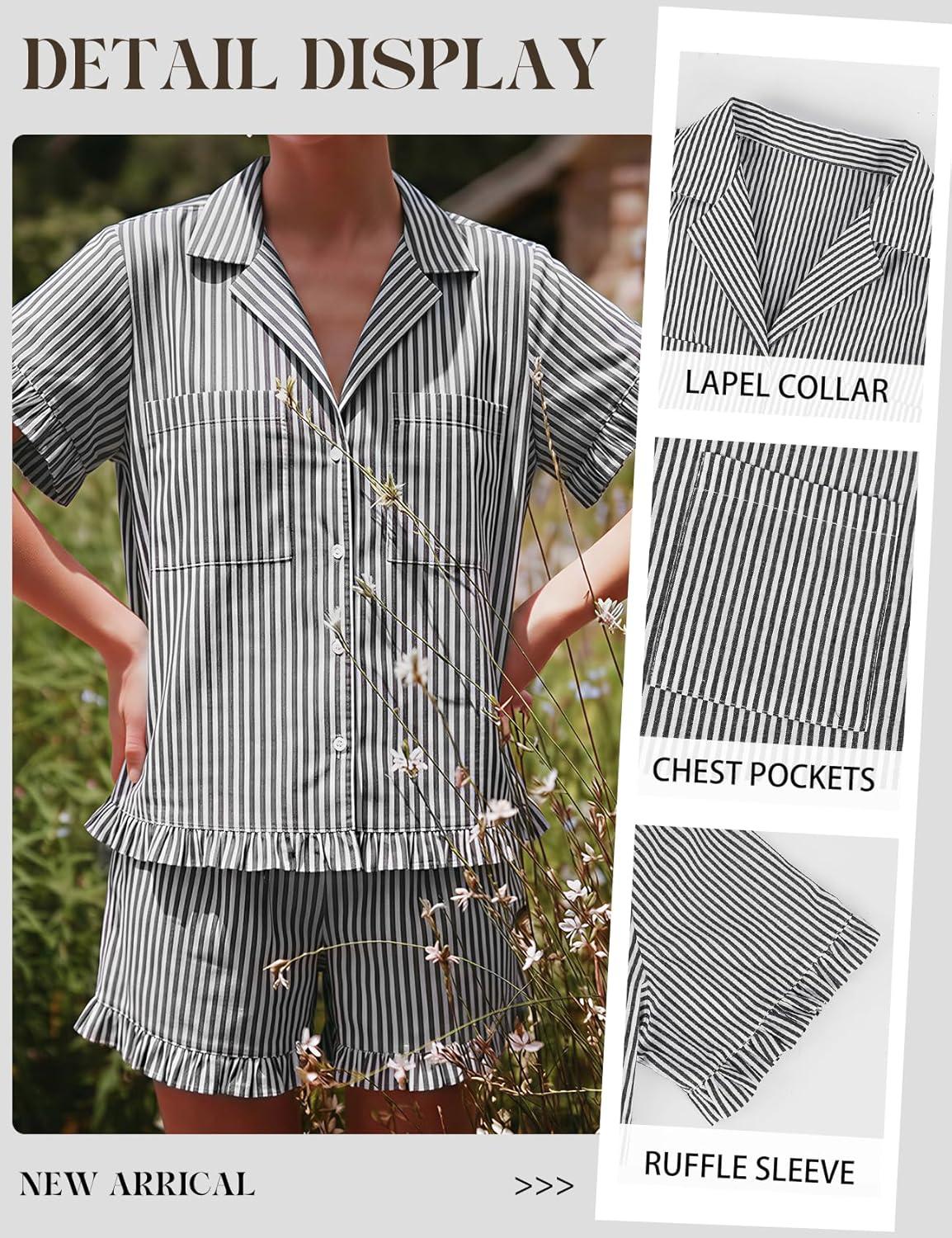 image:imageArssm Womens Striped Pajama Sets 2 Piece Cotton Pjs Sets Short Sleeve Button Down Shirts and Shorts SleepwearGrey