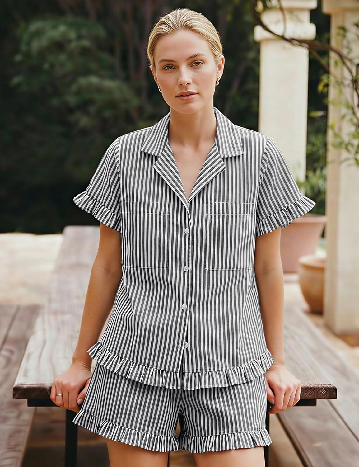 image:imageArssm Womens Striped Pajama Sets 2 Piece Cotton Pjs Sets Short Sleeve Button Down Shirts and Shorts SleepwearGrey