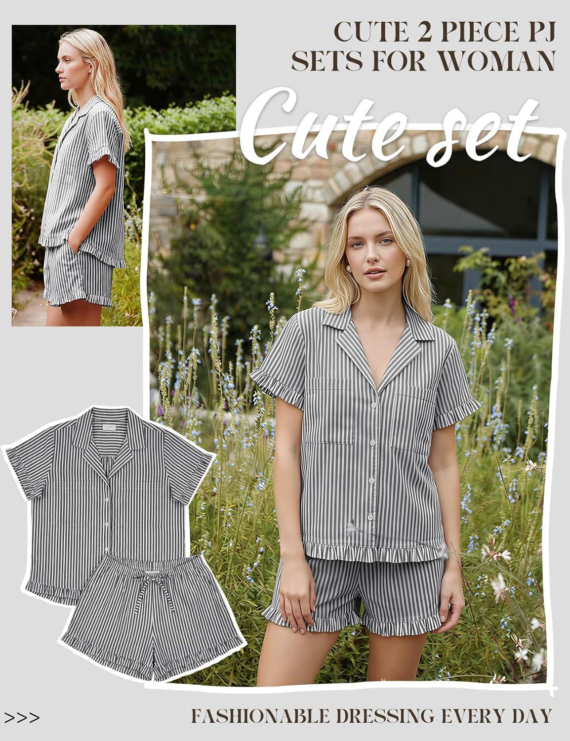 image:imageArssm Womens Striped Pajama Sets 2 Piece Cotton Pjs Sets Short Sleeve Button Down Shirts and Shorts SleepwearGrey
